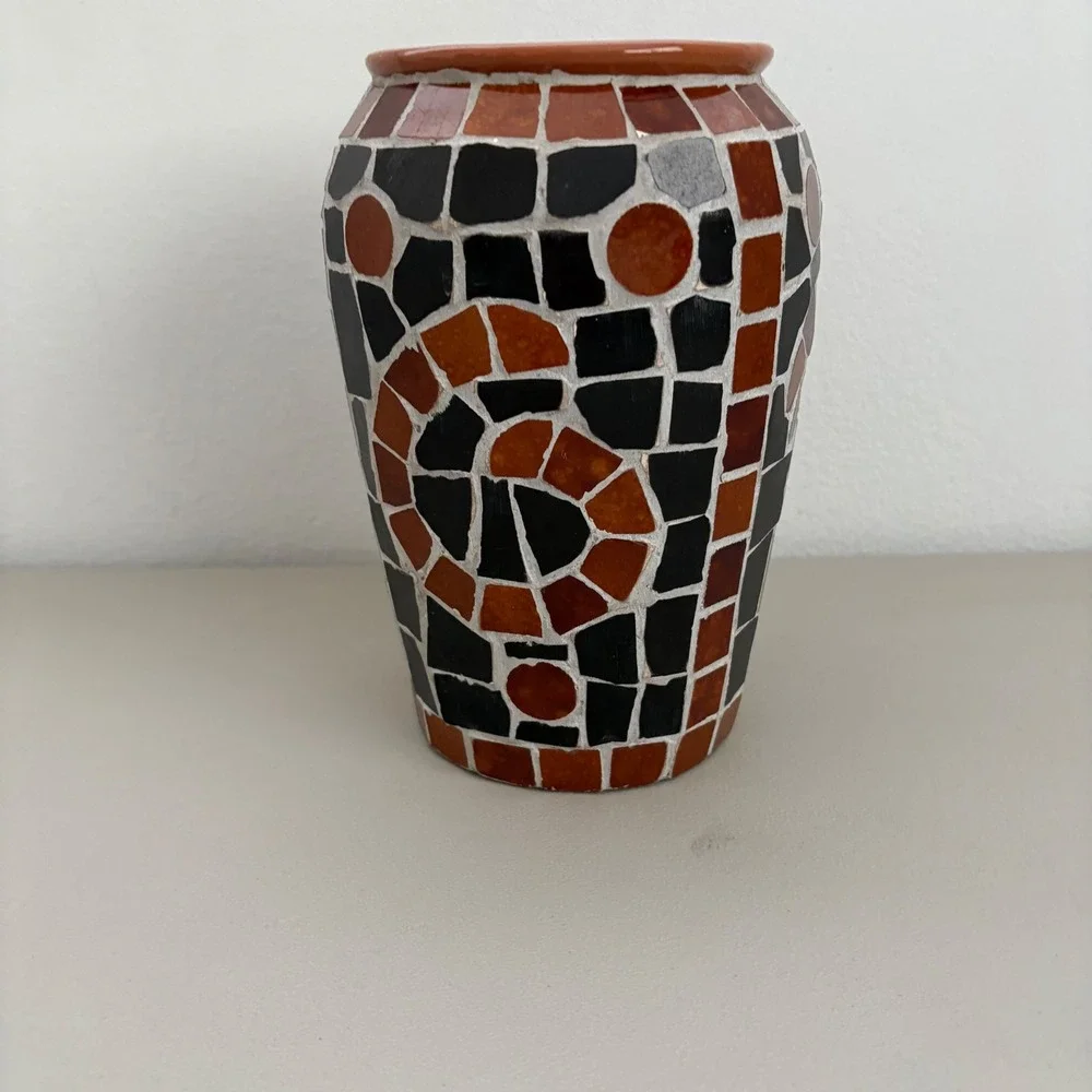 Handmade‎ Mosaic Tile Vase Terracotta Geometric Spiral Earth Tones Boho Decor 9